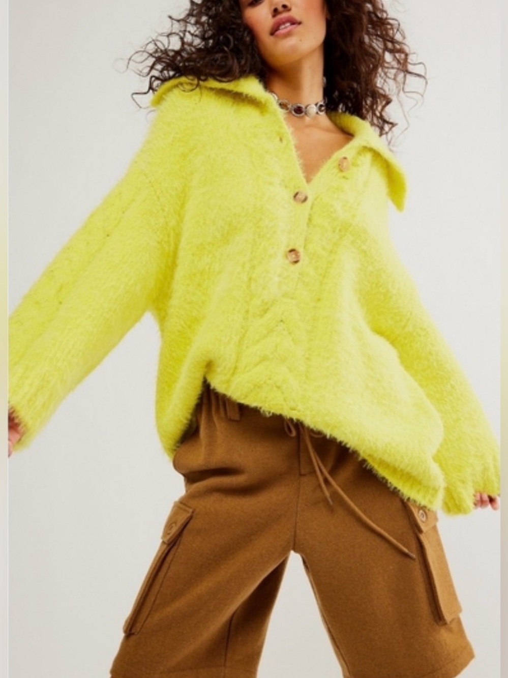 NEW Size Small Free People Oversized Henley Fuzzy Knit Lemon Tonic Sweater